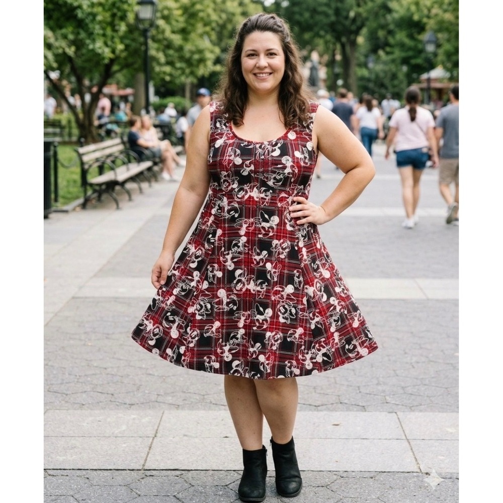 Disney Minnie Mouse Plaid Lace Up Back Fit Flare Skater Dress Red and Black Sz 3